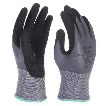 Szürke nylon/spandex kesztyű fekete mikro-habnitril tenyérmártással, PUtenyérpontozással